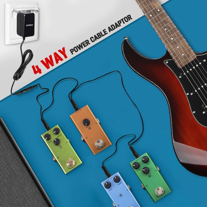 STRICH SPA-10 Guitar Pedal Power Supply Adapter (1000mA -1A) AC DC 9V with 4 Way Daisy Chain Pedal Cables, Compatible for Most Effect Pedals (Tip Negative), Black - Image 3